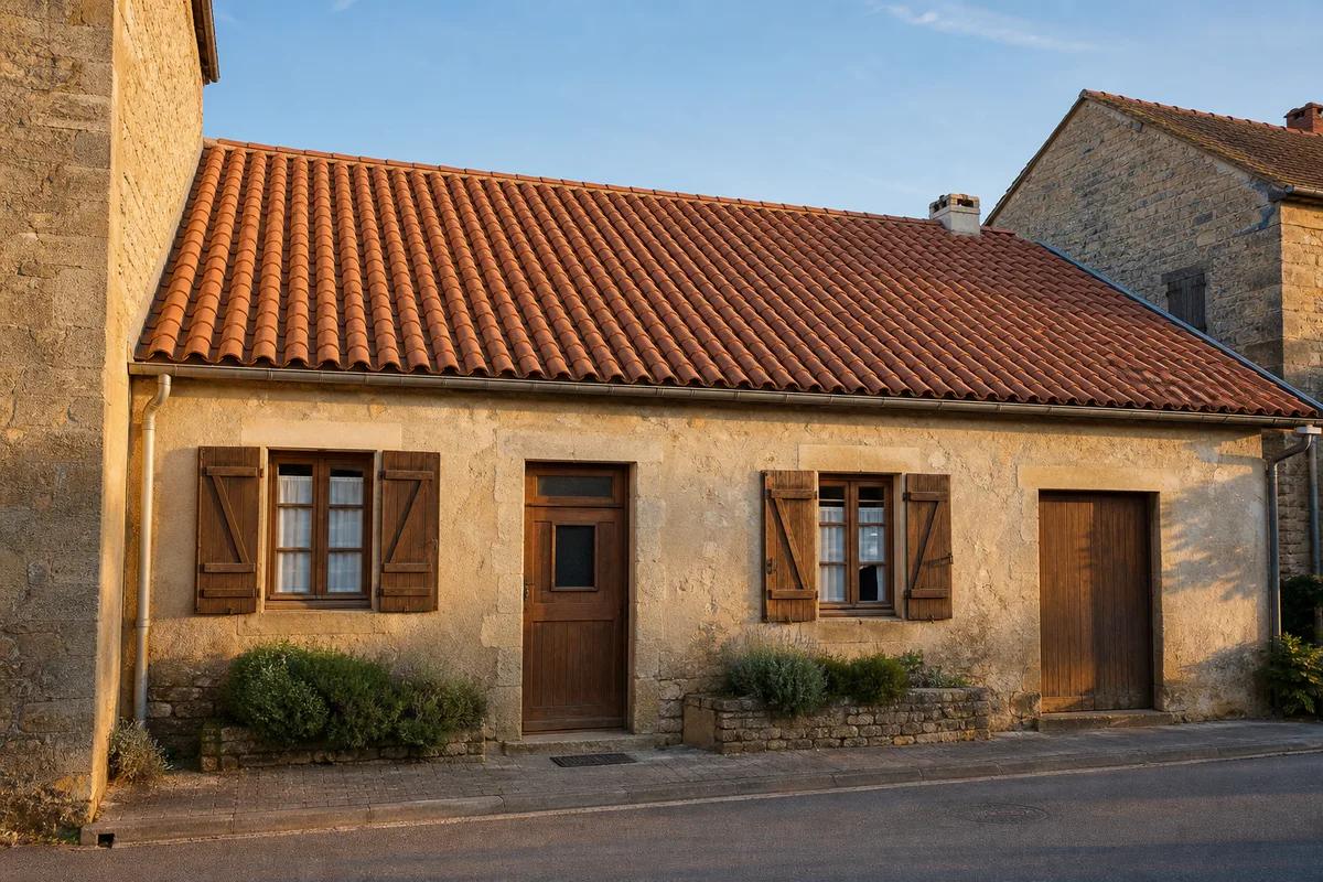 Façade de maison ancienne avec toiture en tuiles refaite et échafaudage démonté