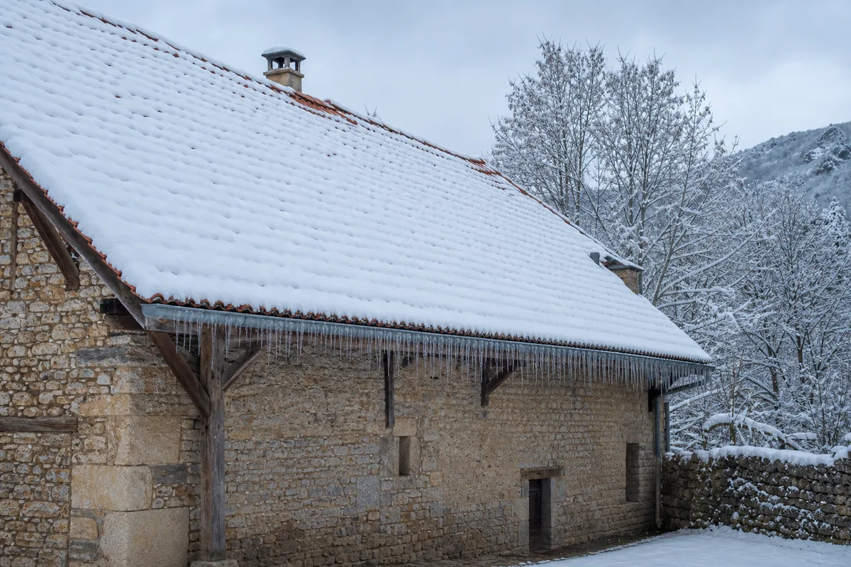 Toit en tuiles couvert d&rsquo;une épaisse couche de neige sur une maison en pierre, glaçons suspendus au bord de la gouttière