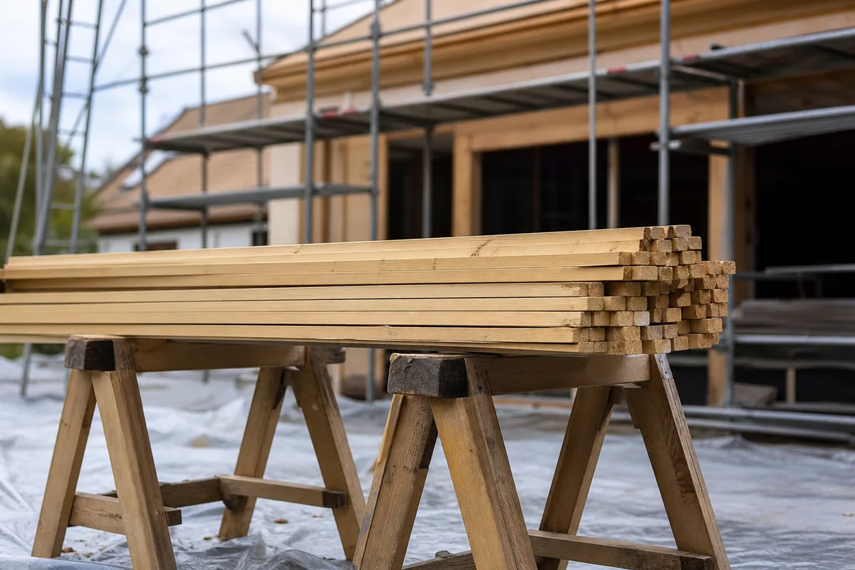 Barres de liteaux en sapin empilées sur des tréteaux devant une maison en chantier