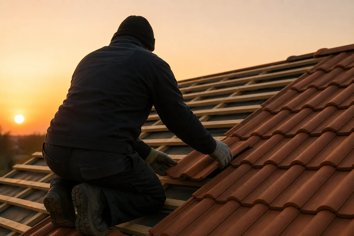 Couvreur fixant un rang de tuiles sur un litelage régulier au soleil couchant