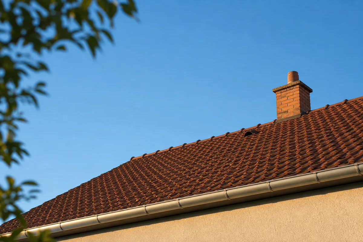 Toit en tuiles d&rsquo;une maison française vu depuis la rue, versant incliné sous un ciel dégagé