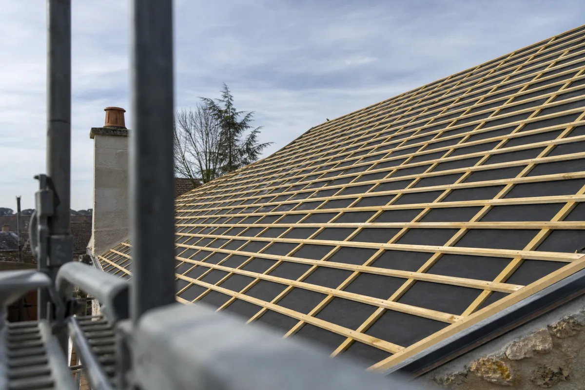 Chantier de couverture avec liteaux en bois posés sur un versant de toit, échafaudage en premier plan