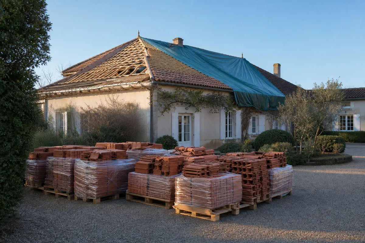 Palettes de tuiles en terre cuite neuves stockées devant une maison en cours de rénovation de toiture