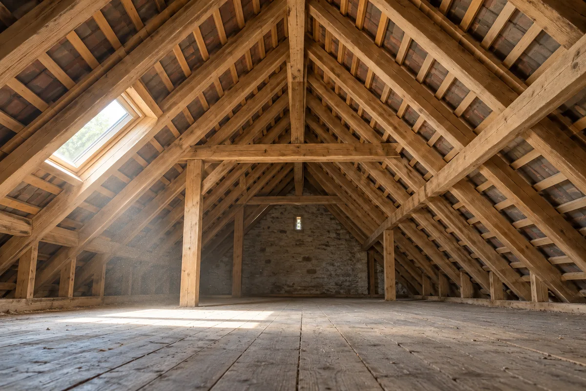 Charpente en bois clair vue depuis les combles, chevrons parallèles montant vers le faîtage