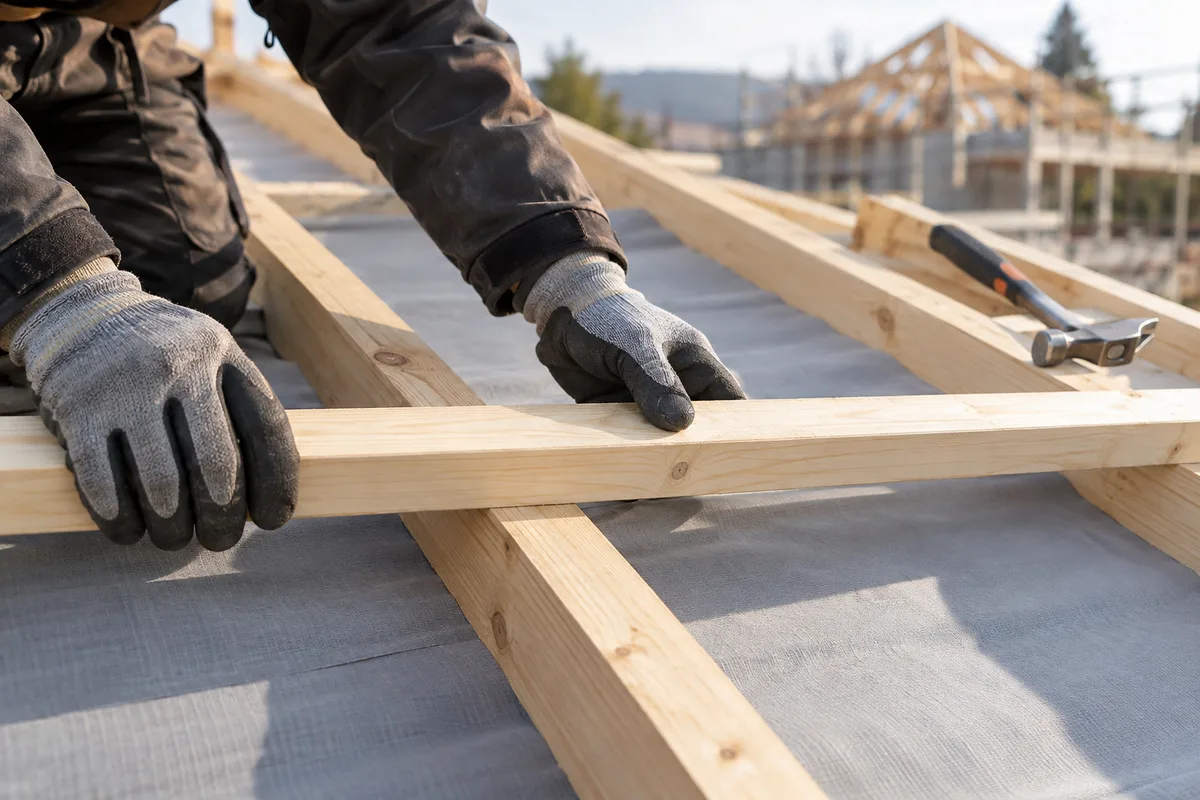 Mains posant un liteau de bois sur des chevrons neufs d&rsquo;une toiture en chantier