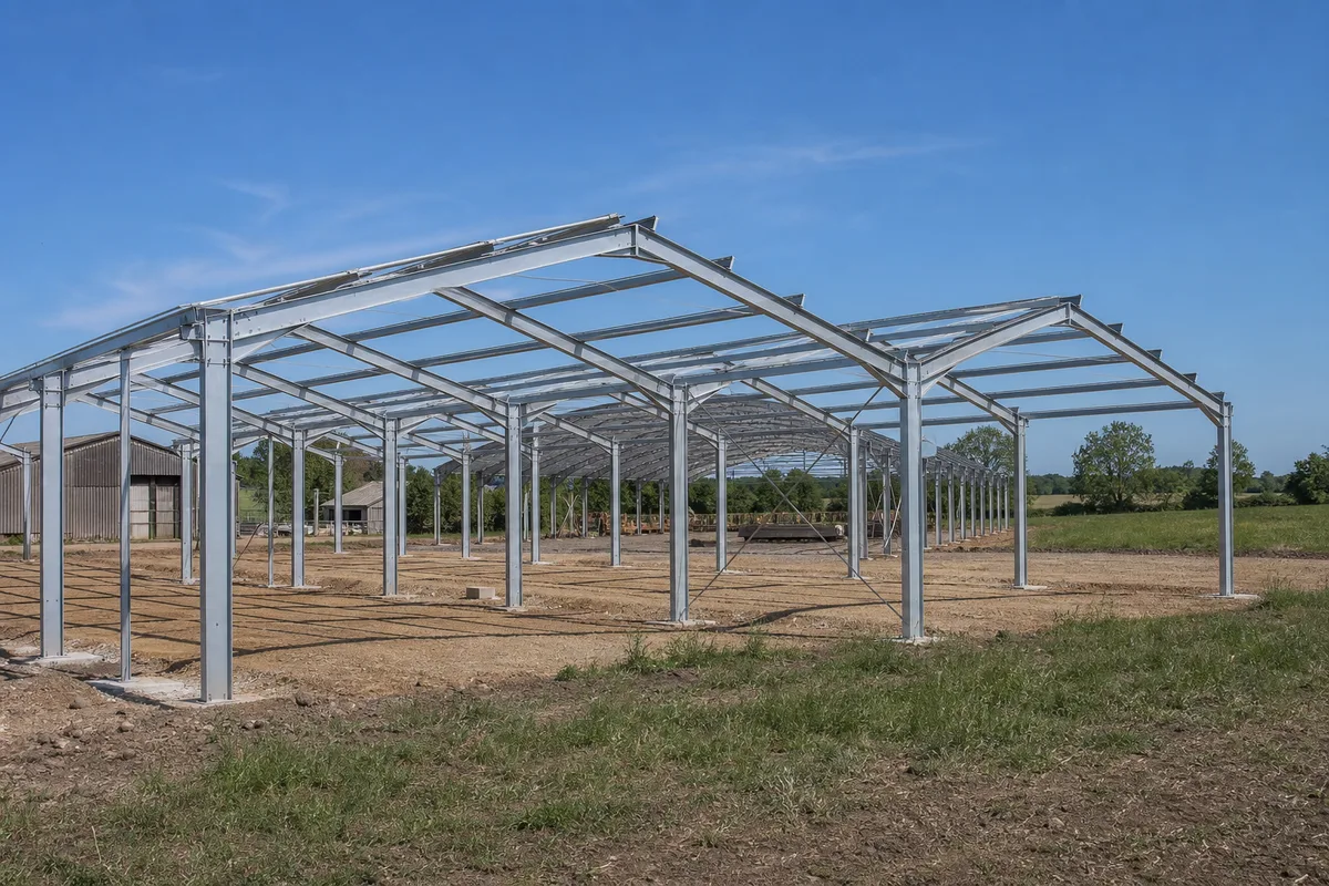Portique en acier galvanisé d’un bâtiment agricole en cours de montage, traverses boulonnées et ciel bleu