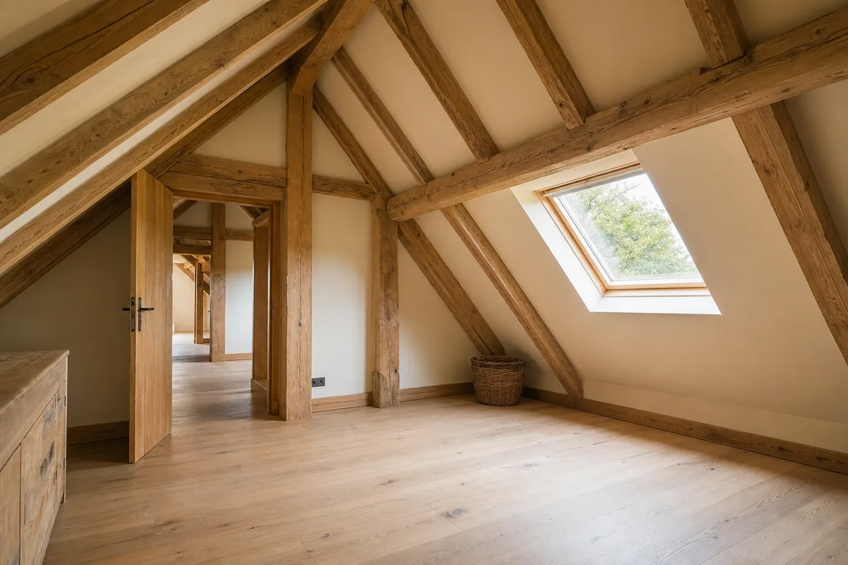 Comble aménagé sous charpente traditionnelle apparente, lumière naturelle par une fenêtre de toit