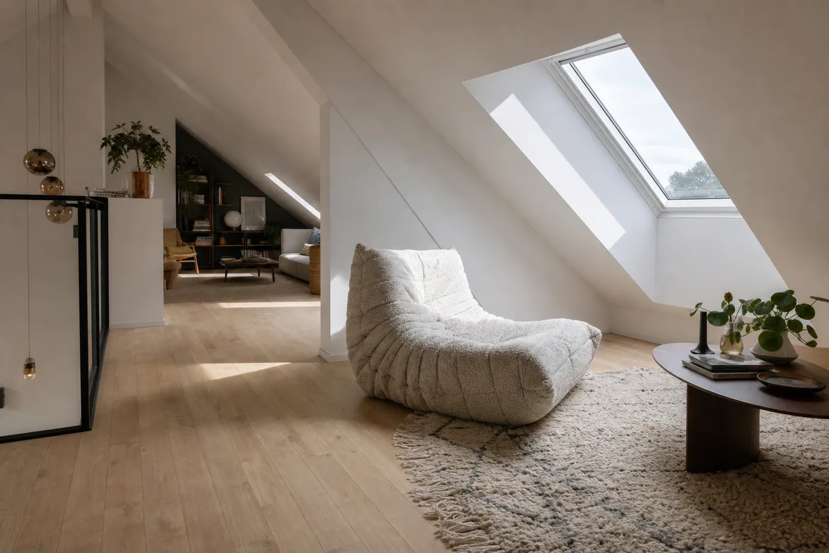 Comble aménagé en pièce de vie sous rampants, lumière naturelle par une fenêtre de toit