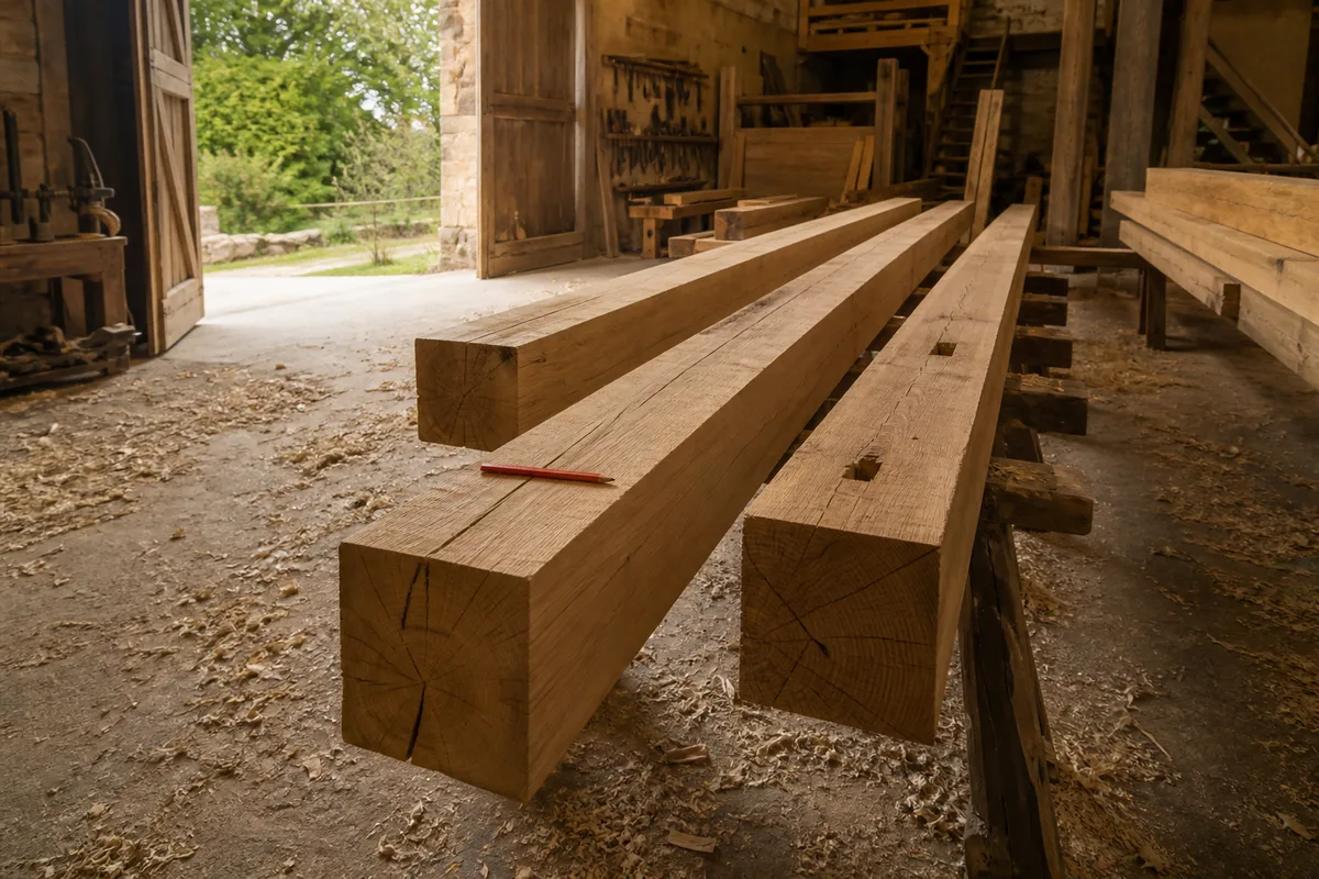 Mètre ruban déroulé sur des pièces de bois de charpente posées sur des tréteaux dans un atelier