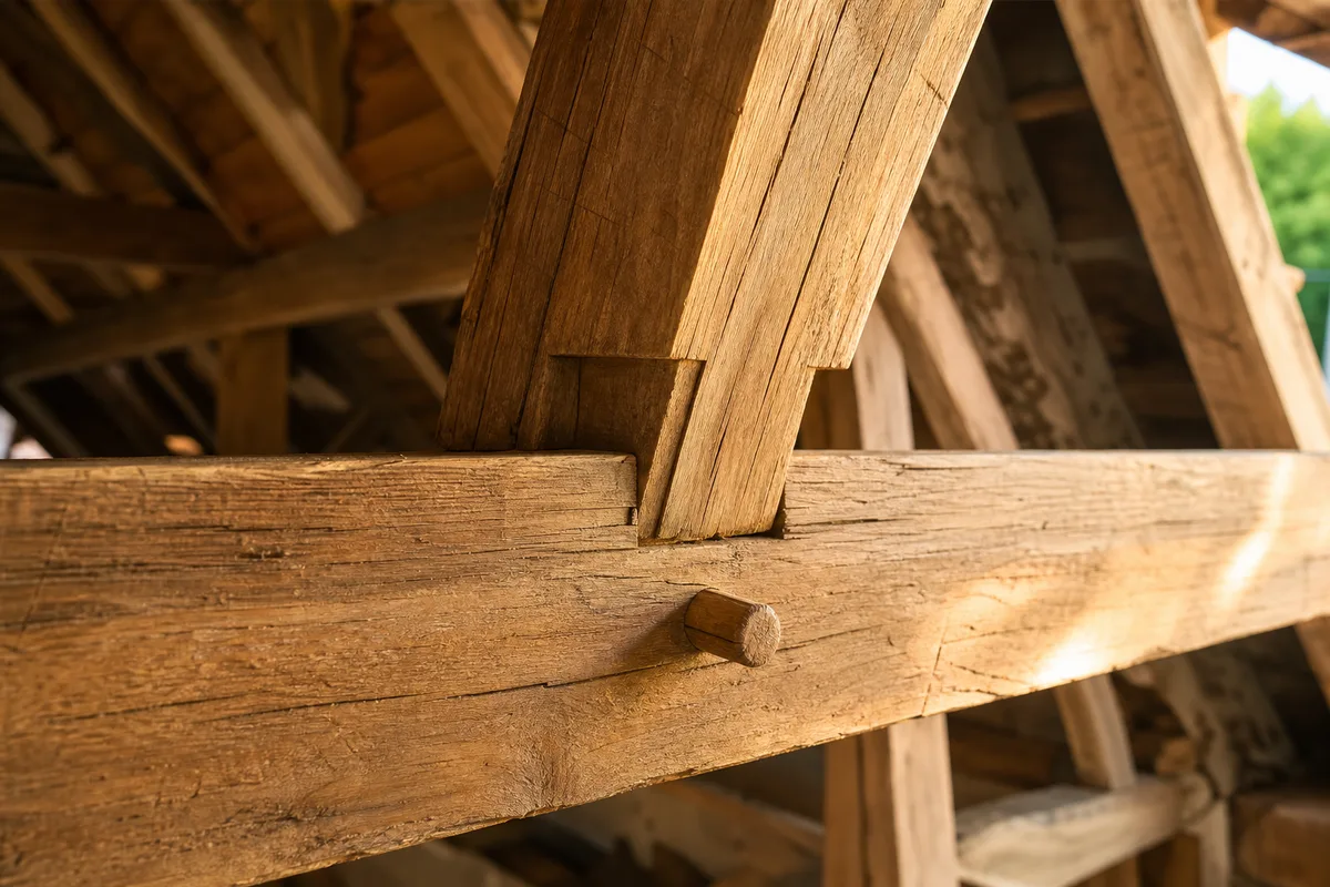 Vue rapprochée d&rsquo;assemblages de charpente traditionnelle, tenons et mortaises en bois brut dans un comble en construction