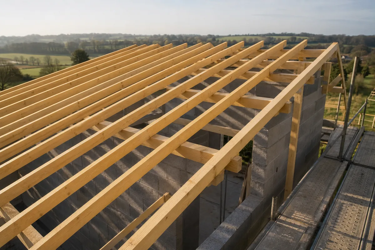 Chevrons en bois alignés sur des pannes lors de la construction d&rsquo;un toit, maison en parpaings en arrière-plan