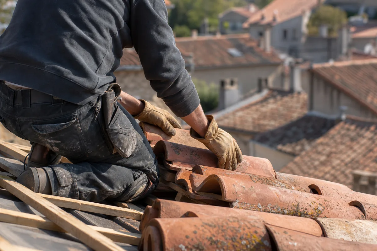 Couvreur posant des tuiles en terre cuite sur une maison de village française en cours de réfection