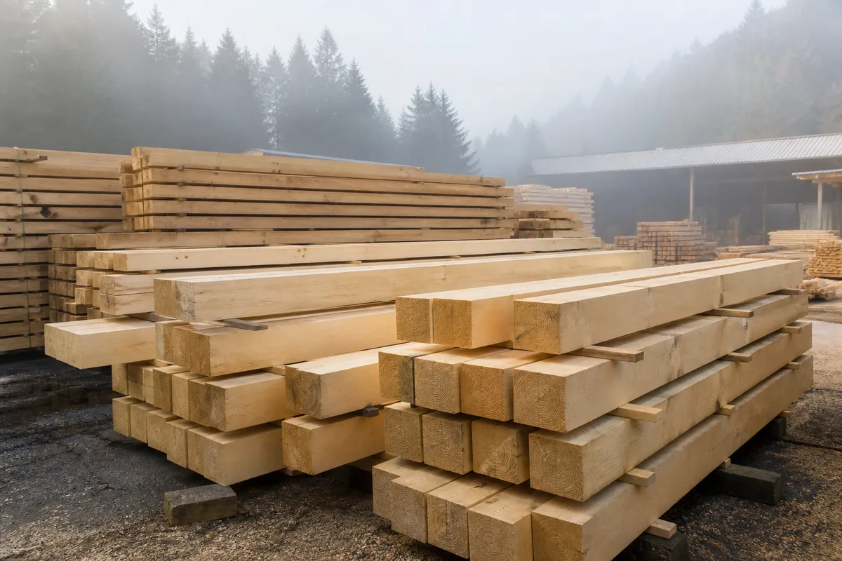 Poutres de charpente empilées en scierie, sections de pannes et chevrons en sapin fraîchement scié