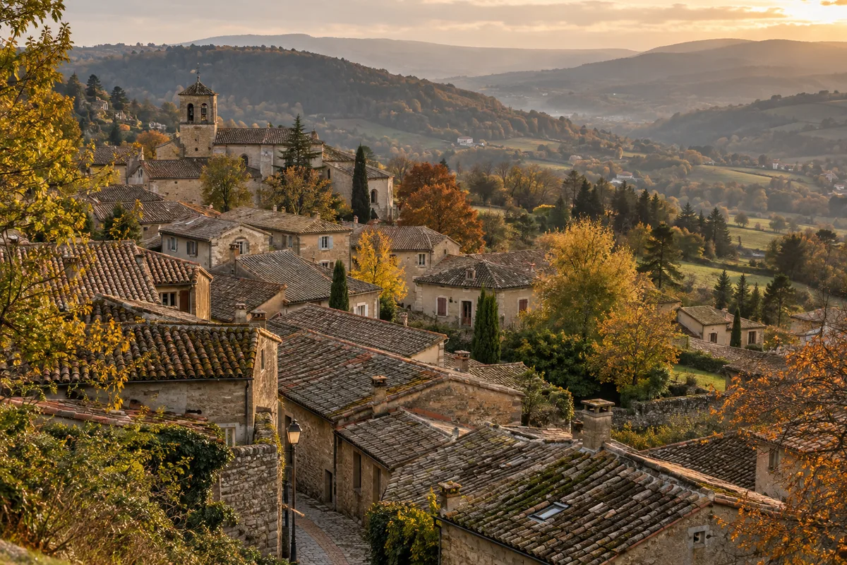Toits de tuiles canal ocre et rose d&rsquo;un village des Monts du Lyonnais vus d&rsquo;en haut sous une lumière d&rsquo;automne