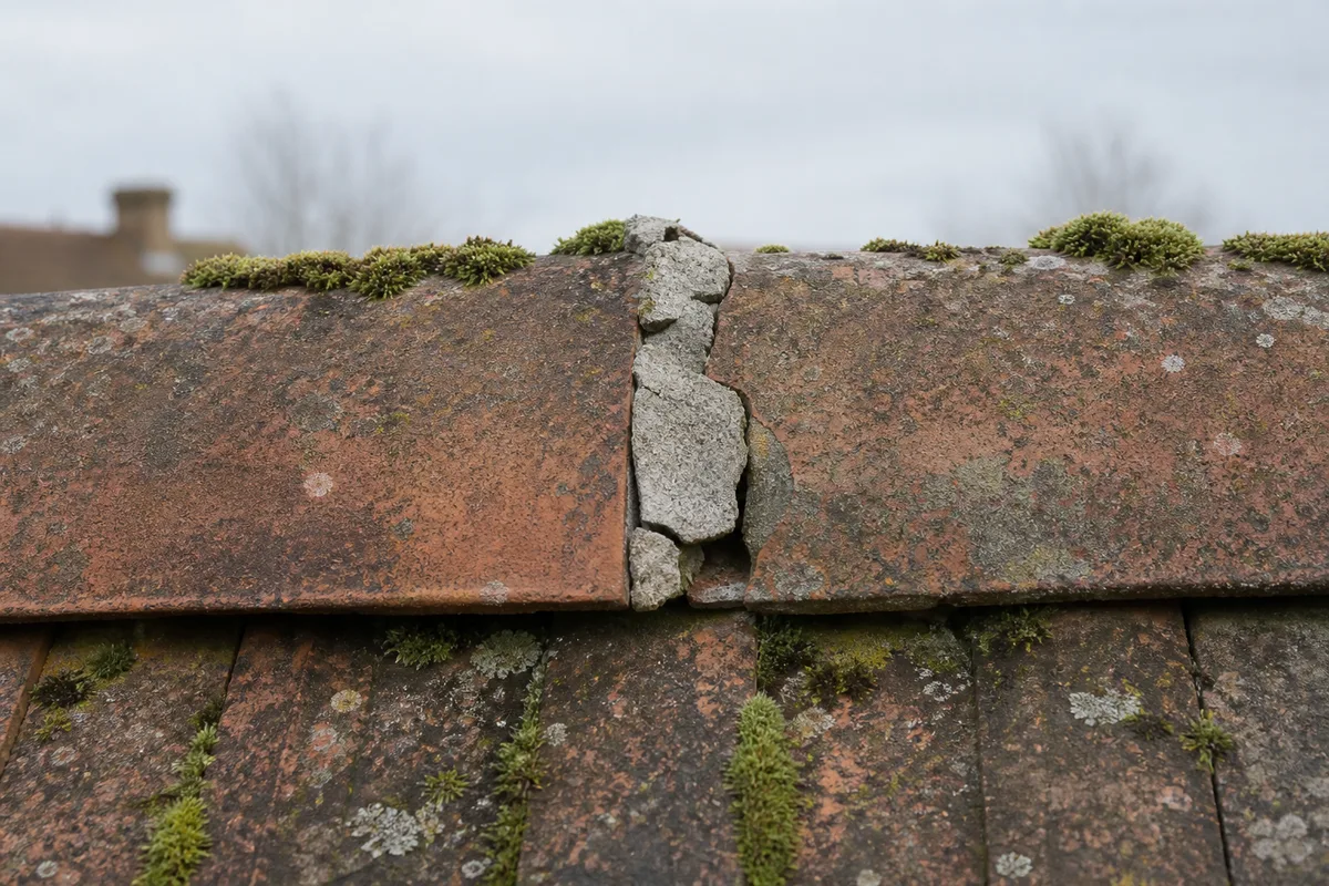 Ligne de faîtage d&rsquo;une maison ancienne avec joint de mortier fissuré et mousse installée entre les faîtières