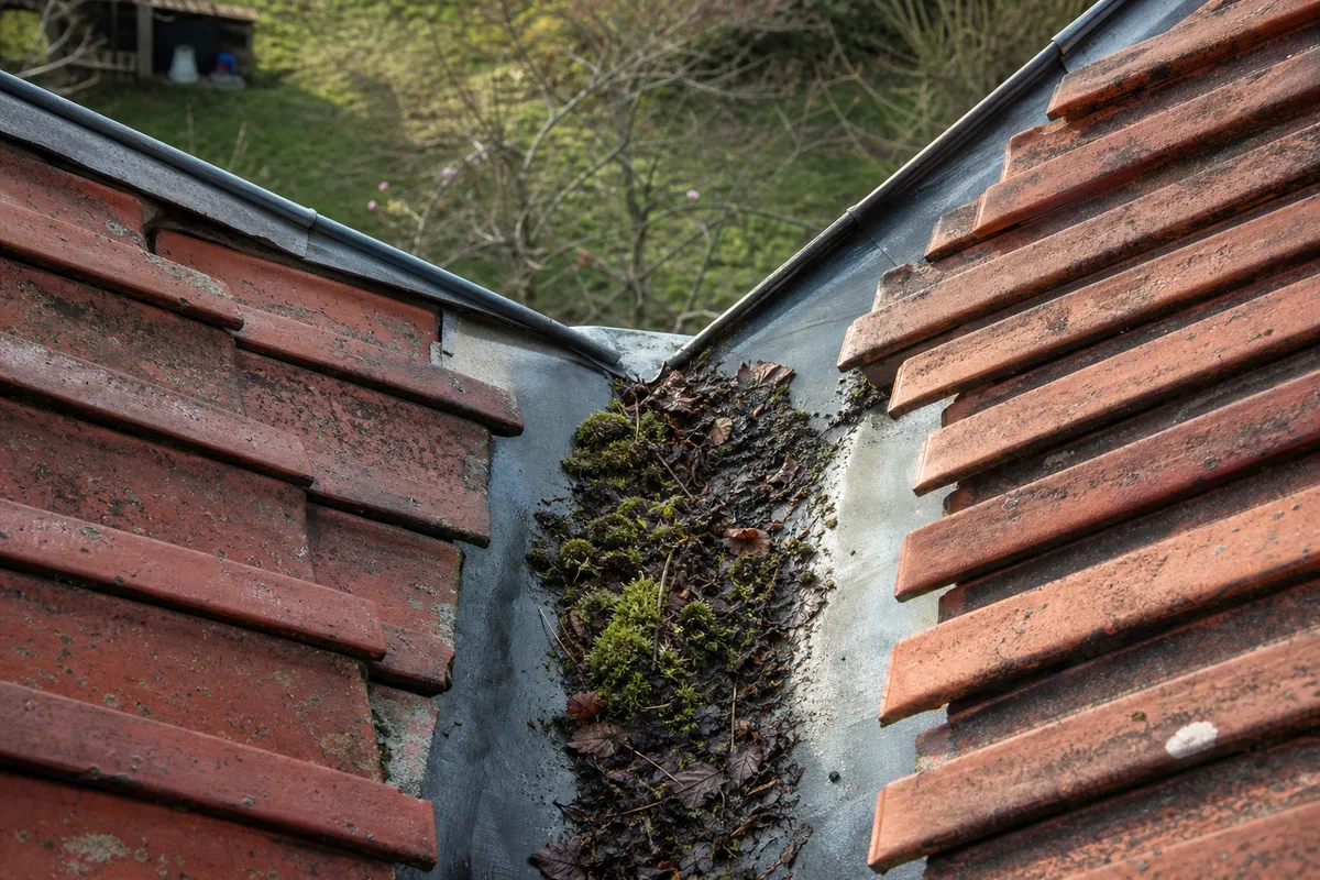 Noue en zinc encombrée de feuilles mortes entre deux pans de toiture en tuiles rouges