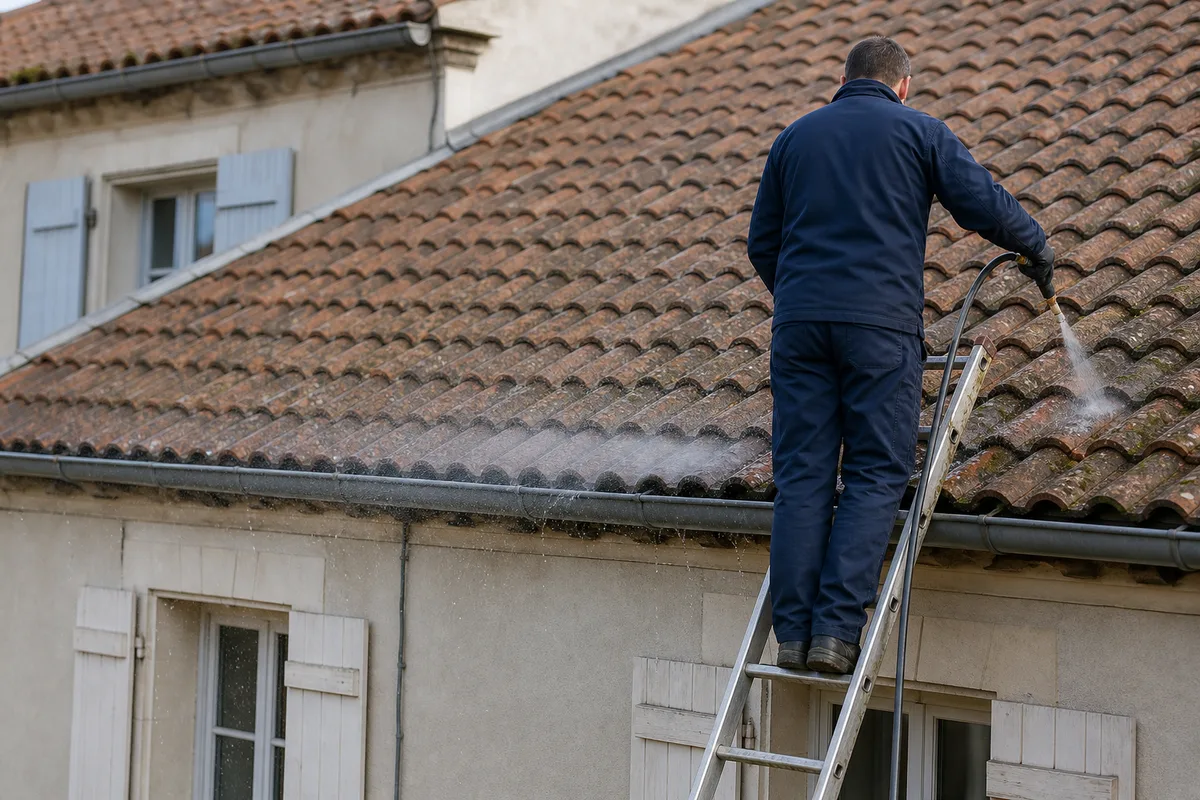 Couvreur vu de dos arrosant au jet doux une rangée basse de tuiles depuis une échelle de couvreur