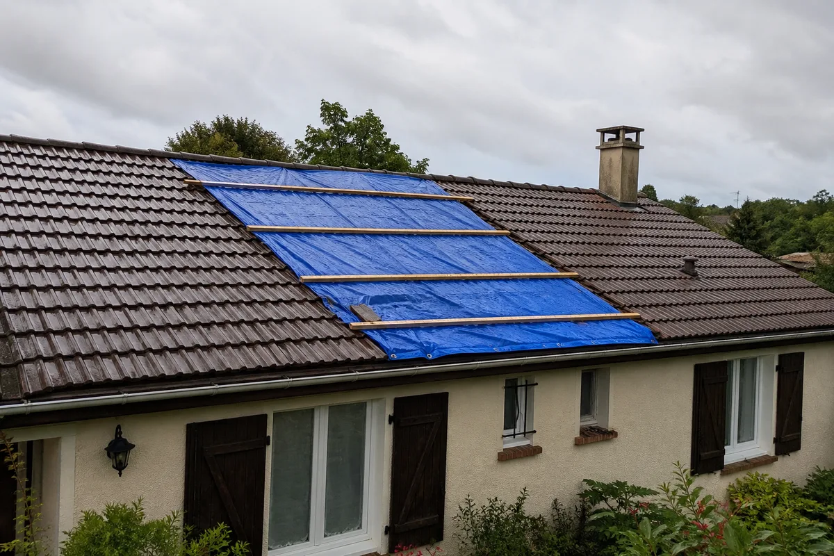 Bâche de protection lestée par des liteaux de bois sur une portion de toiture en tuiles après une averse