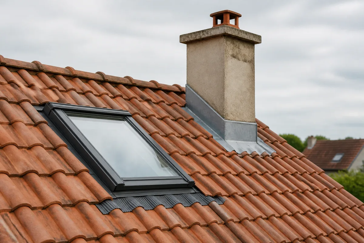 Fenêtre de toit et souche de cheminée sur une couverture en tuiles, points singuliers du métré