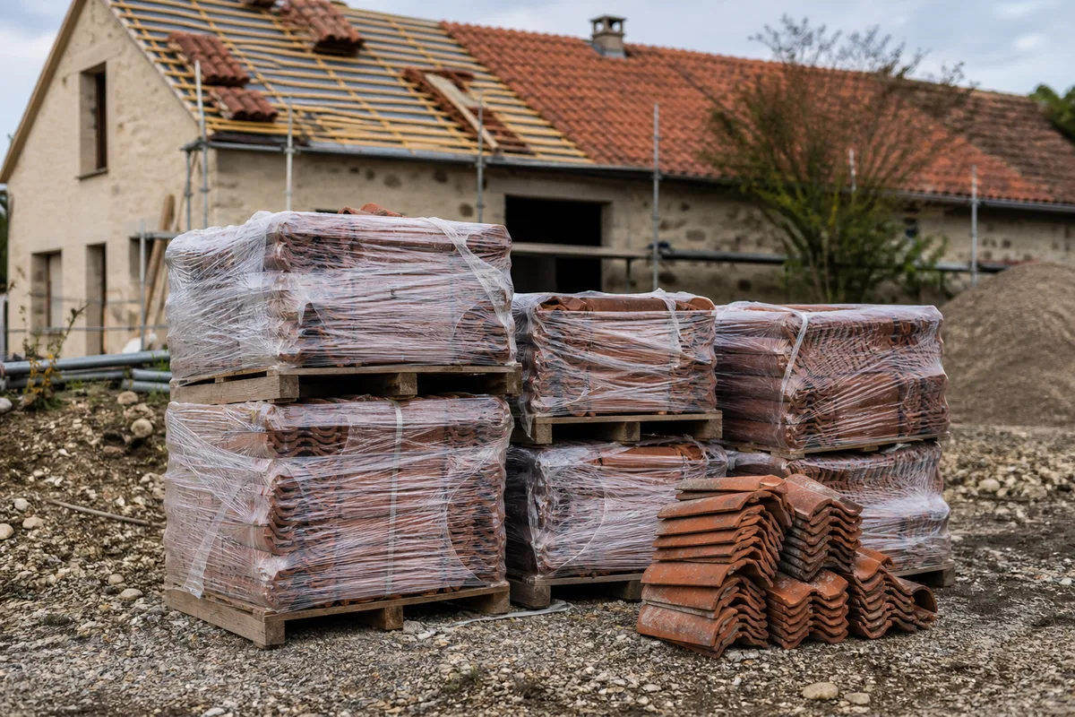 Palettes de tuiles de terre cuite livrées devant une maison en chantier de couverture