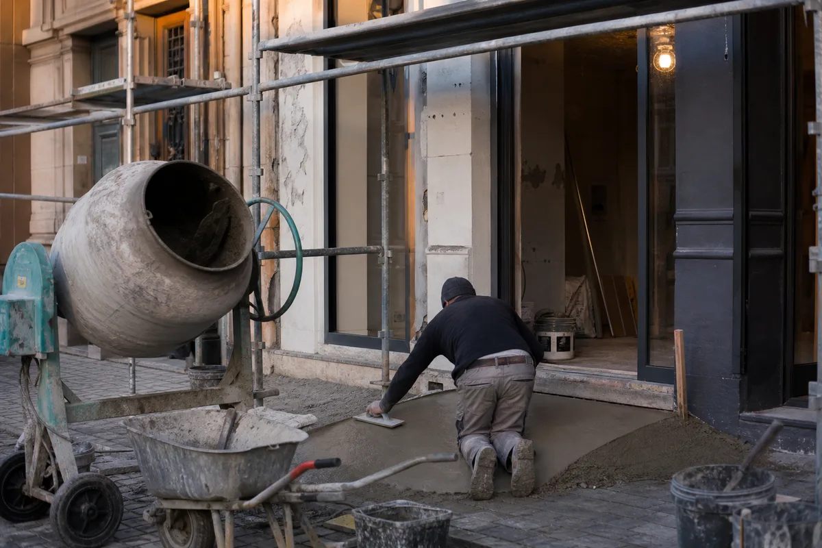 Devanture de commerce français avec rampe d’accès en cours de rénovation
