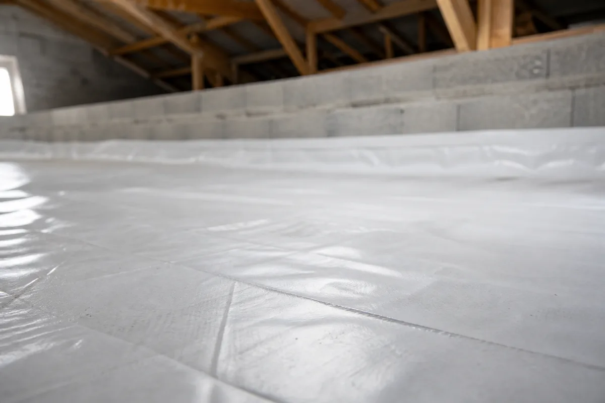 Plancher de combles perdus couvert d’une membrane continue relevée le long des murs