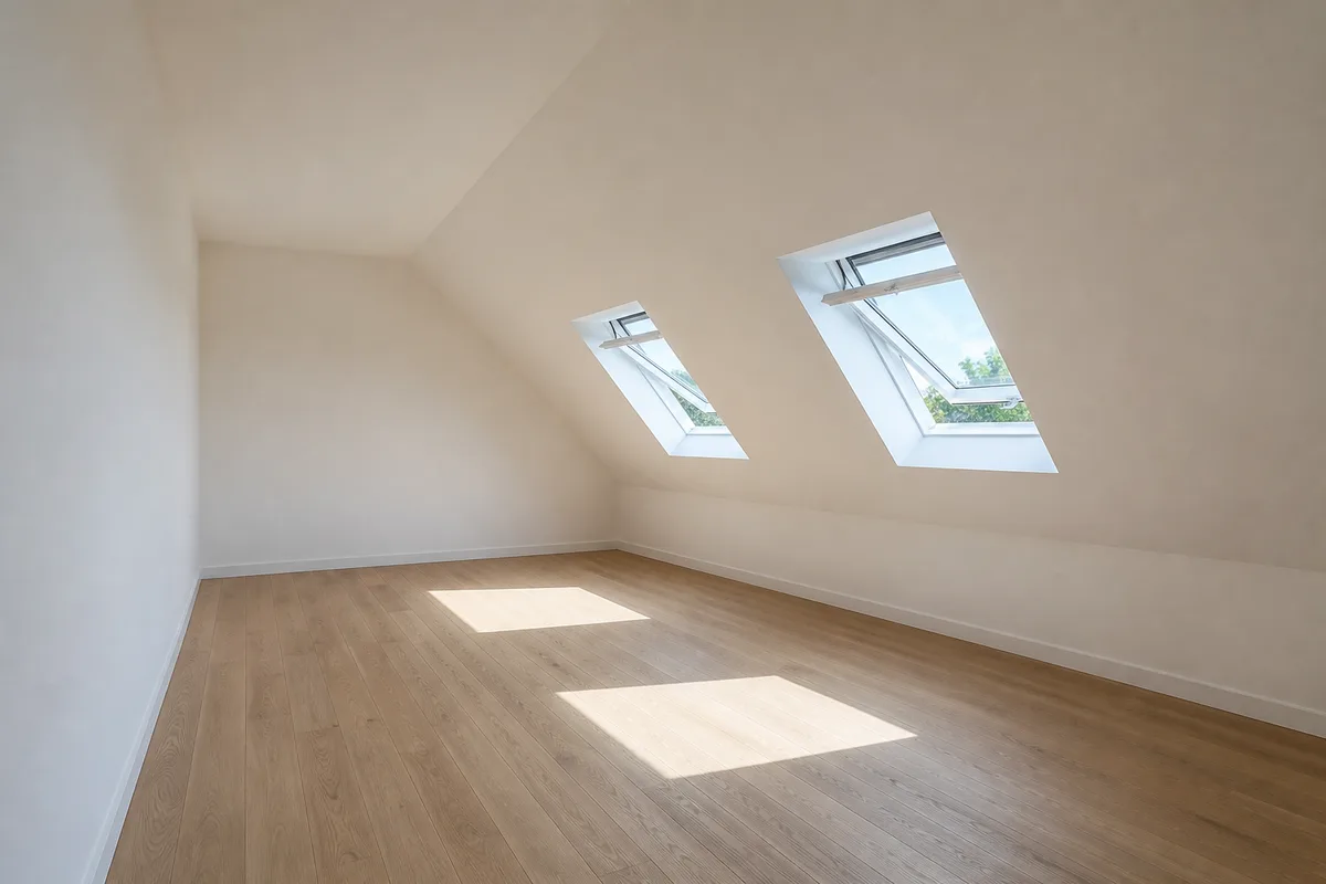 Chambre sous combles aménagés avec deux fenêtres de toit ouvertes sur un rampant isolé, lumière du matin