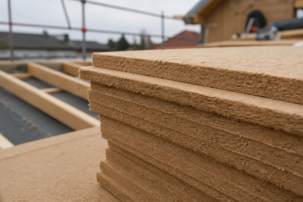 Panneaux de fibre de bois empilés sur une toiture en cours de rénovation par l&rsquo;extérieur