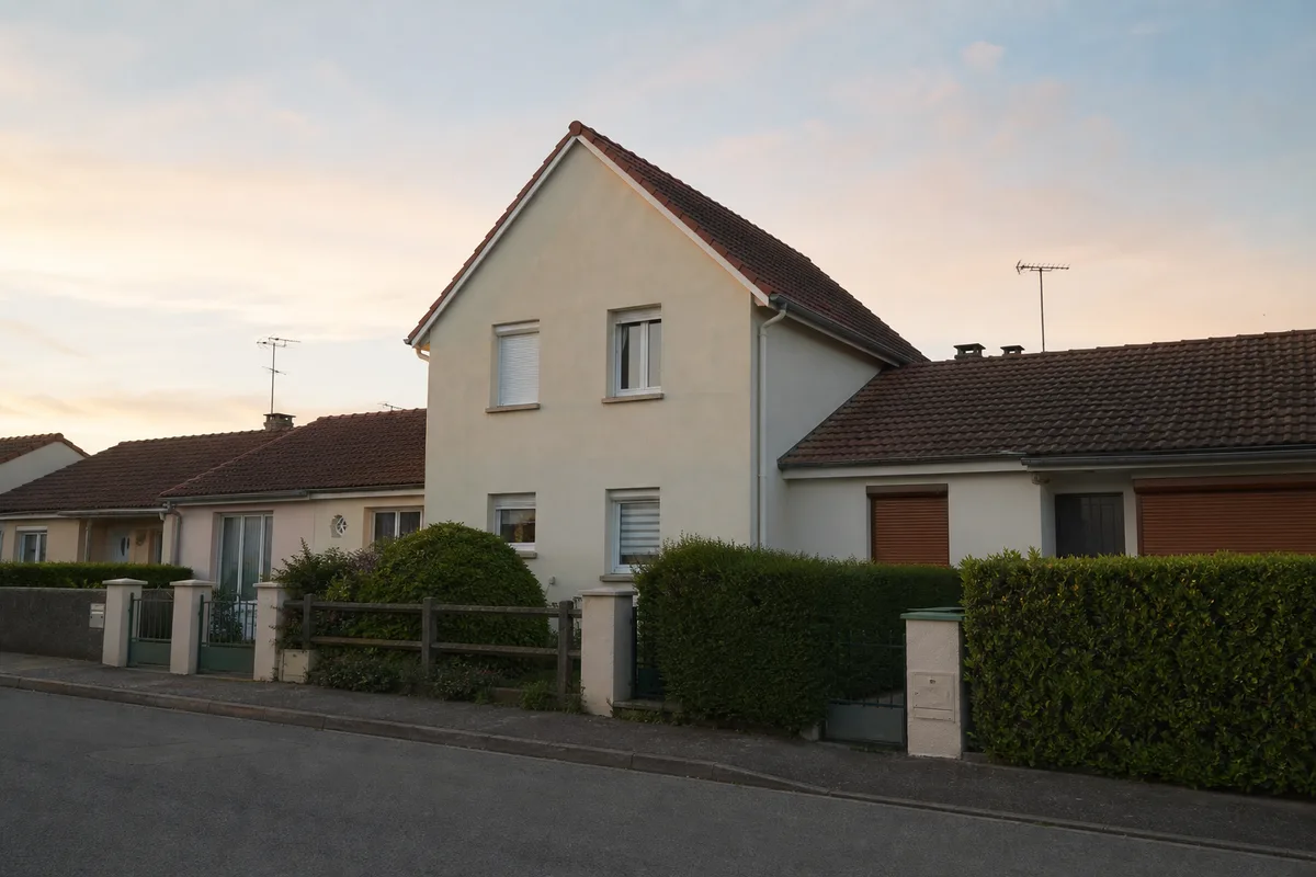 Pignon d’une maison de lotissement dont le toit rehaussé dépasse celui des maisons voisines
