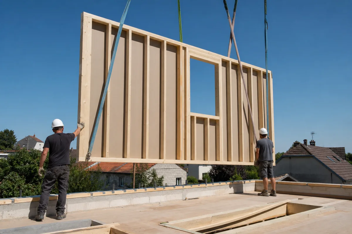 Panneau de mur à ossature bois préfabriqué suspendu à des élingues au-dessus d’une maison découverte