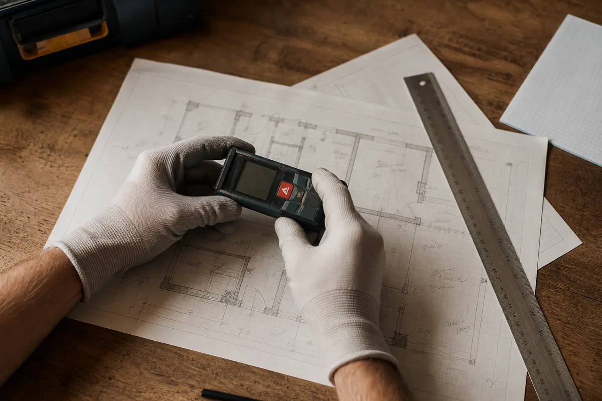 Mètre laser posé sur un plan de maison avec relevés de pièces