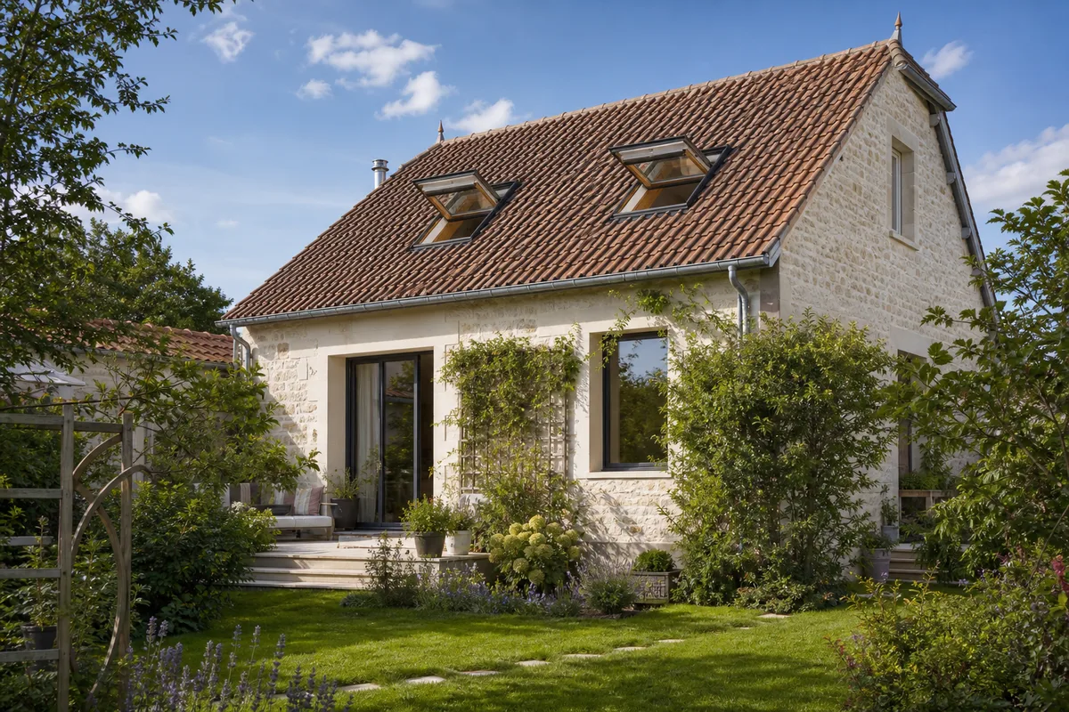 Façade de pavillon français avec combles et fenêtres de toit sous ciel dégagé