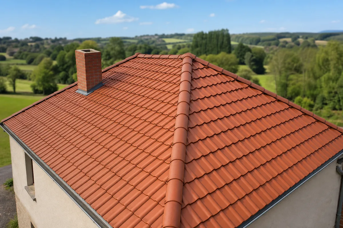 Toit à deux pans en tuiles vu en plongée au-dessus d&rsquo;une maison française
