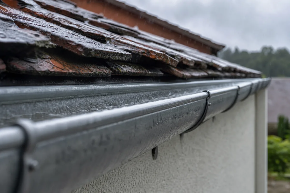 Gouttière en zinc le long d&rsquo;un toit en tuiles sous un ciel de pluie fine