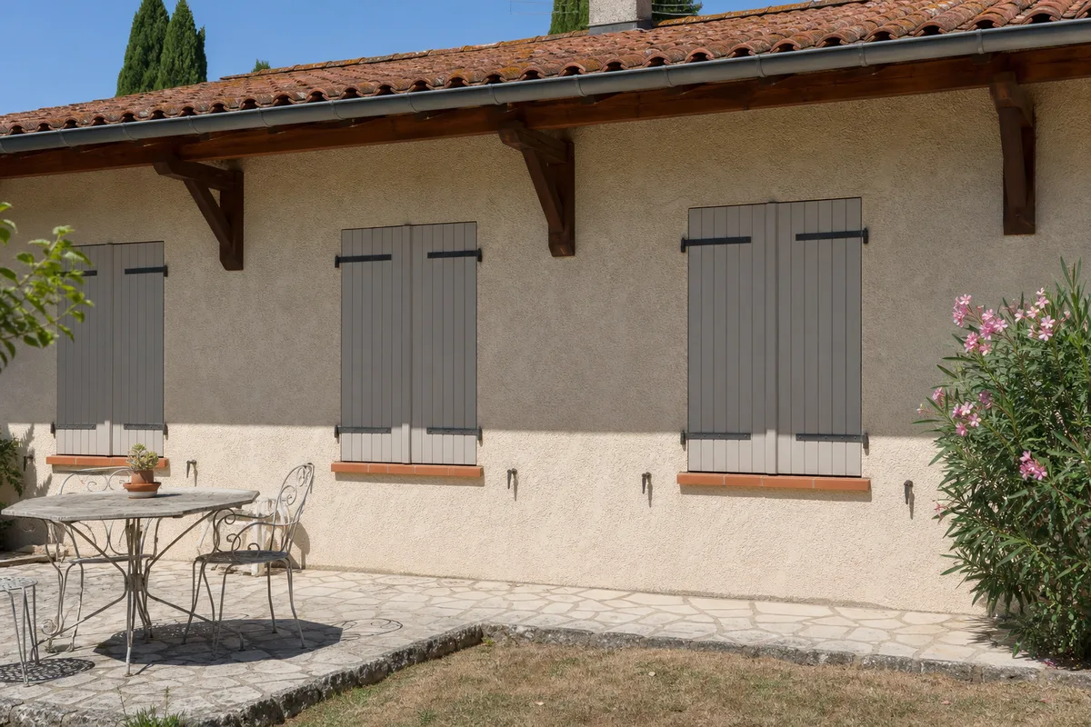 Façade de pavillon avec avant-toit débordant et ombre portée au sol par temps ensoleillé