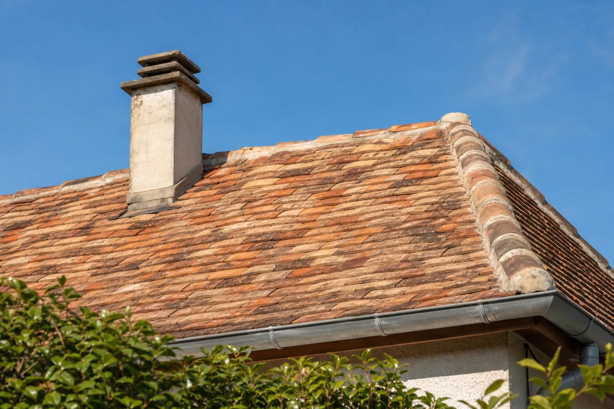 Toit en tuiles d&rsquo;une petite maison individuelle française sous un ciel dégagé