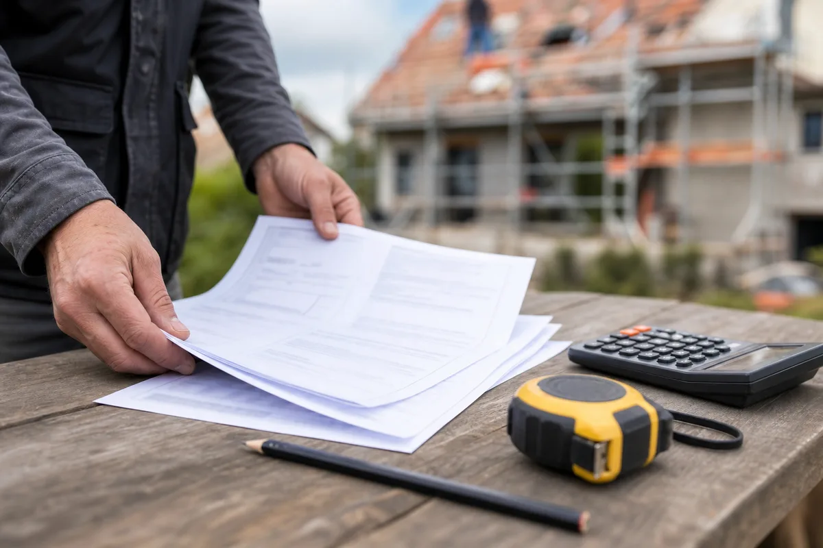 Artisan présentant un devis papier et une calculatrice sur une table devant une maison en chantier, cadrage sur les documents