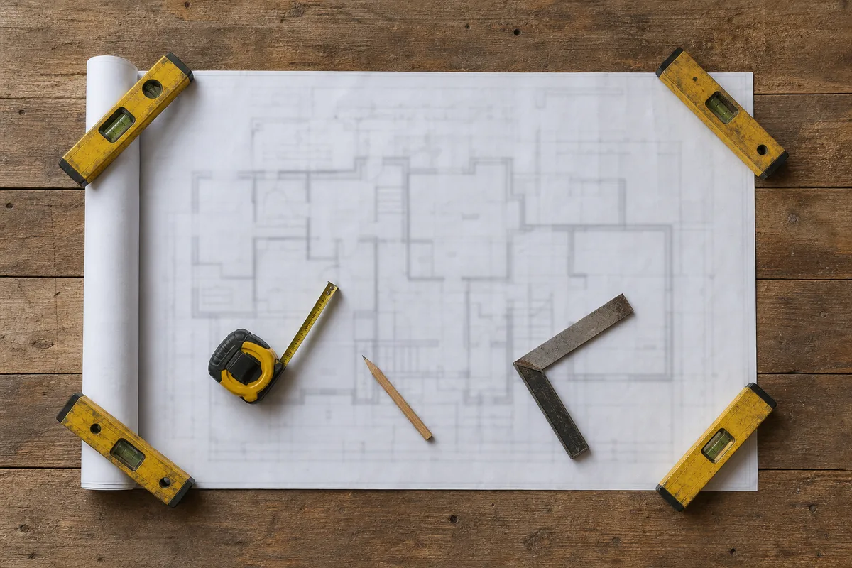 Plan de maison déroulé avec mètre ruban et crayon posés dessus, vue en plongée sur une table de chantier