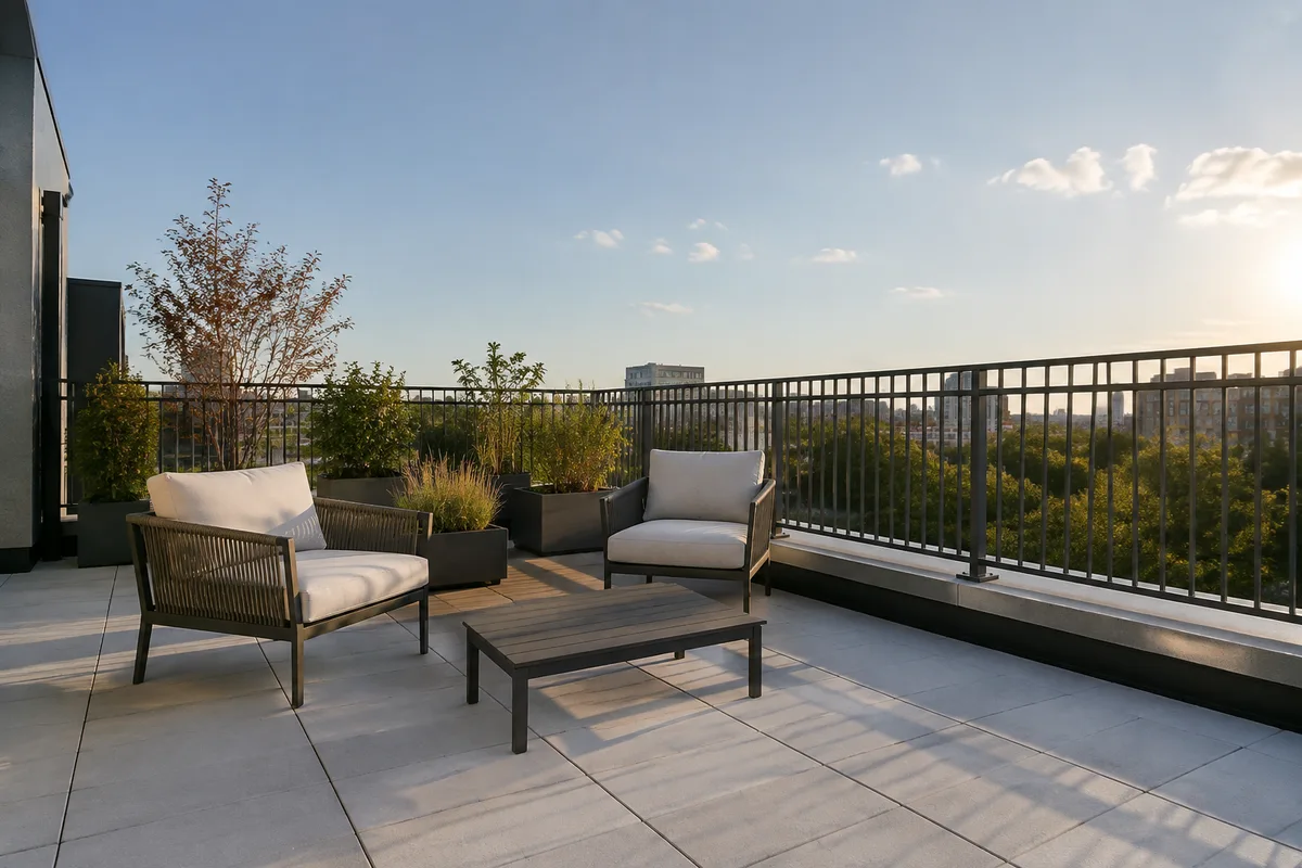 Toit-terrasse accessible avec dalles sur plots, garde-corps en aluminium et mobilier d&rsquo;extérieur