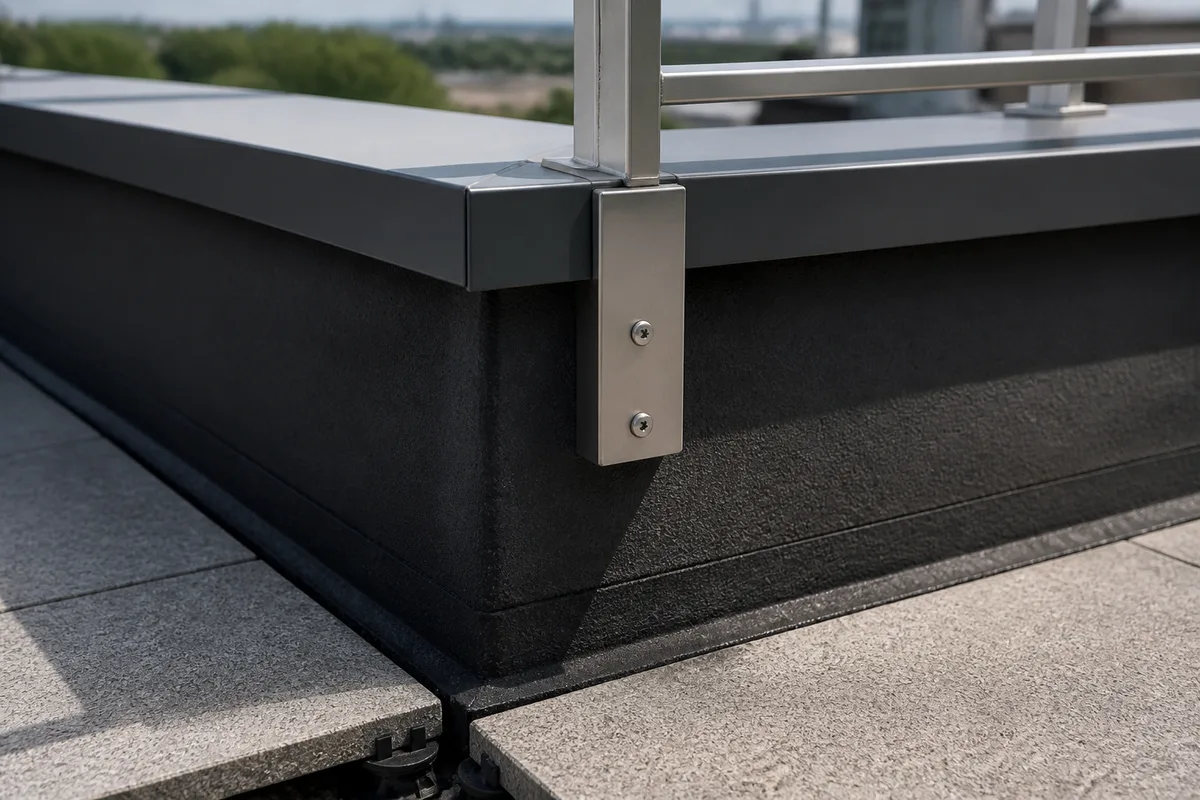 Détail d&rsquo;un acrotère avec relevé d&rsquo;étanchéité et platine de garde-corps en aluminium