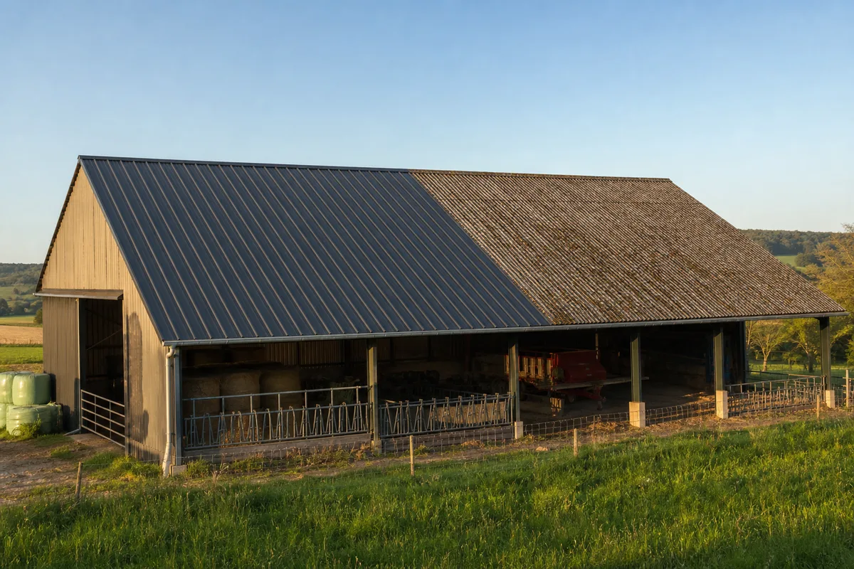 Hangar dont la moitié de la toiture est en bac acier neuf et l’autre en plaques ondulées anciennes