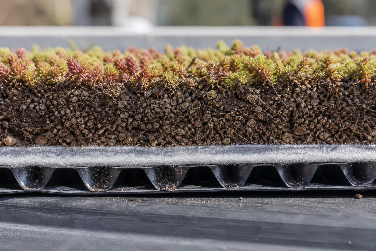 Toiture plate couverte de sedum en fleurs avec une bande de gravier en périphérie