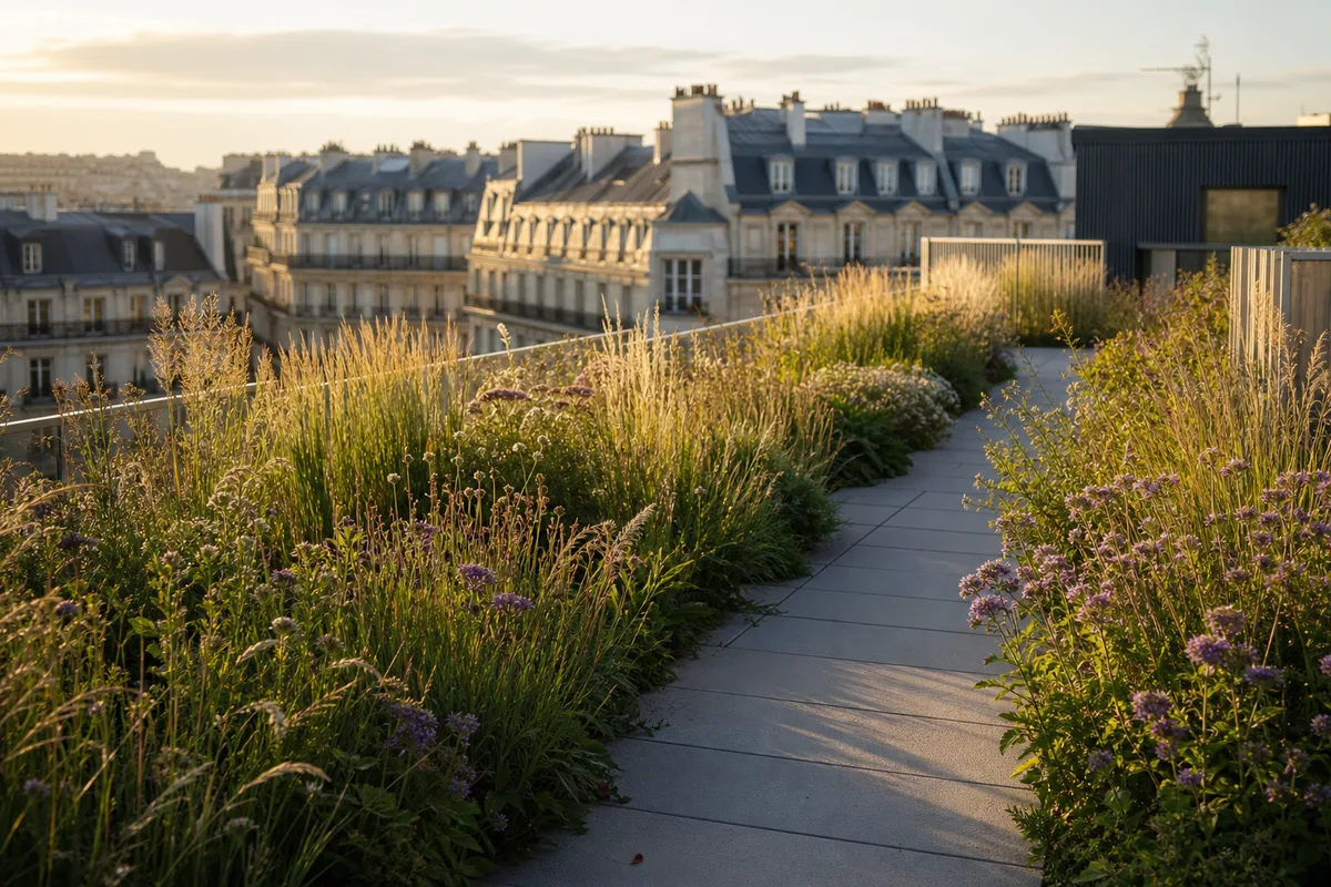 Toiture terrasse végétalisée semi-intensive avec graminées et allée de dalles en centre-ville