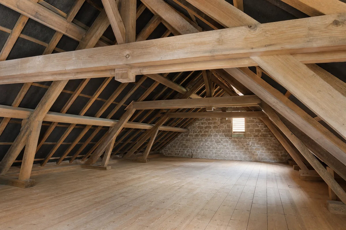 Comble sain à charpente traditionnelle apparente, bois clair, ventilation visible en pignon