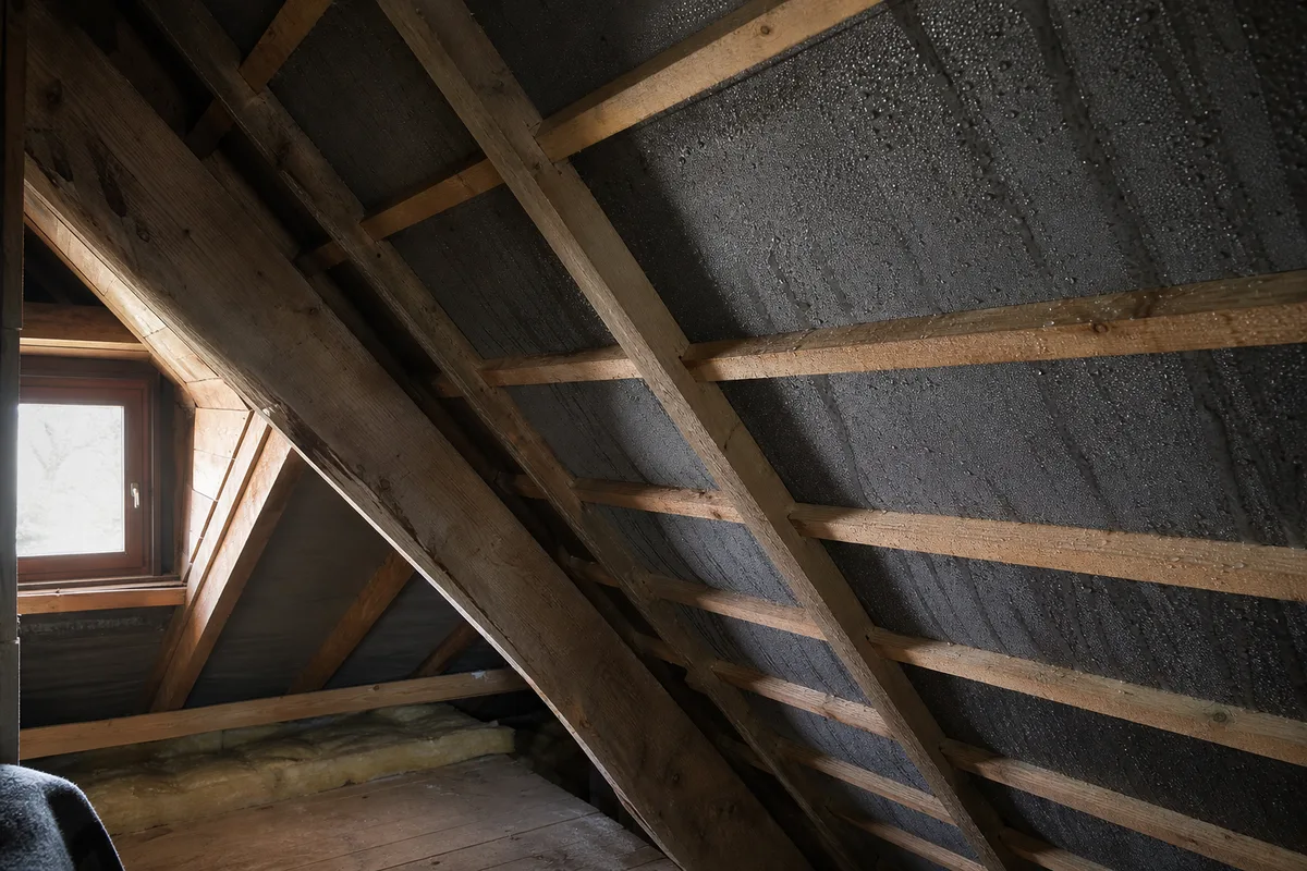 Charpente en bois de combles avec traces d&rsquo;humidité et condensation sur la sous-face de la couverture